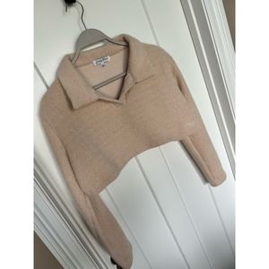 Emory Park Women's Cropped Collared Sweater‎ Long Sleeves Tan Size Medium